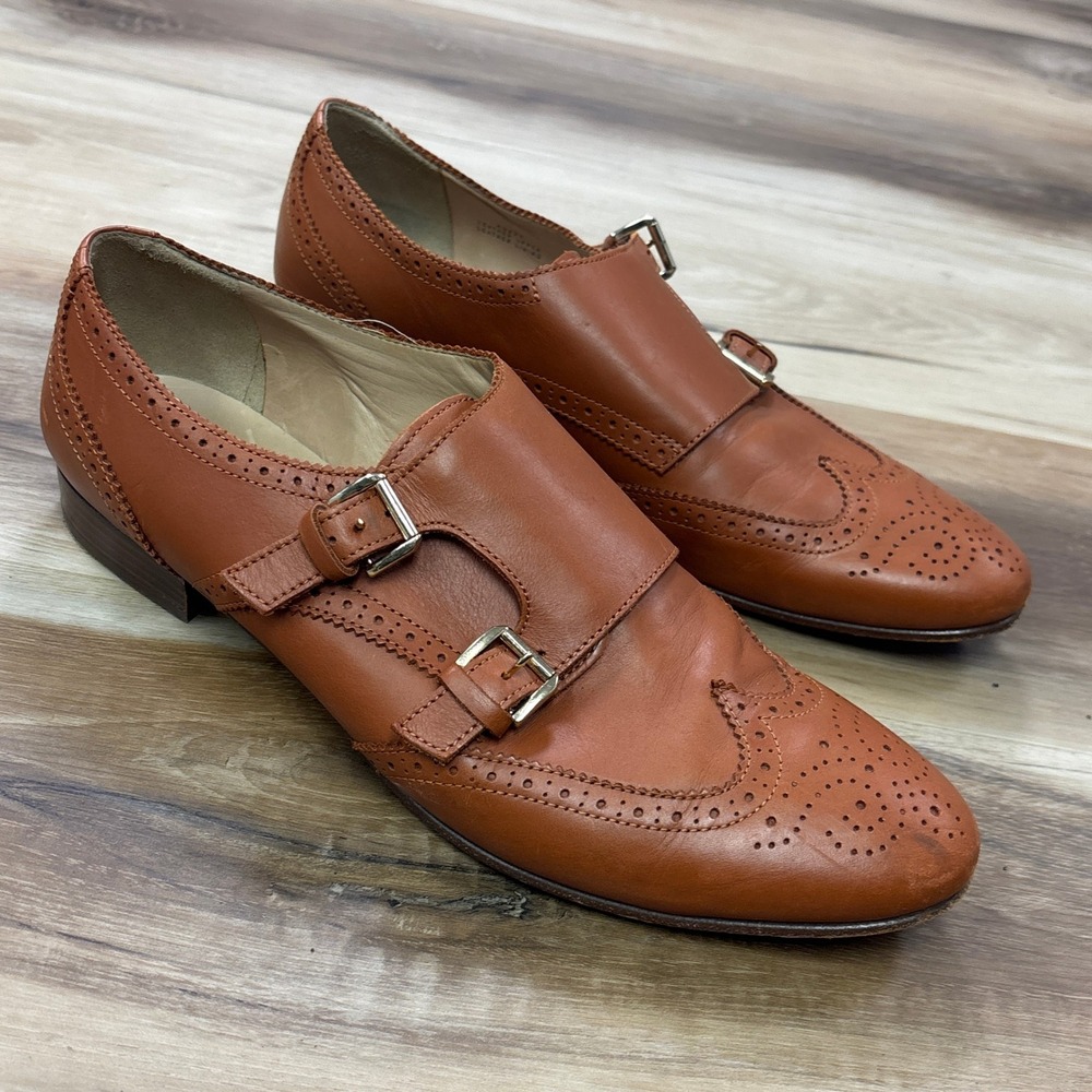 J.Crew Double Monk Strap Shoes 9.5 Wingtip Brogue Leather Oxfords Cognac Italy